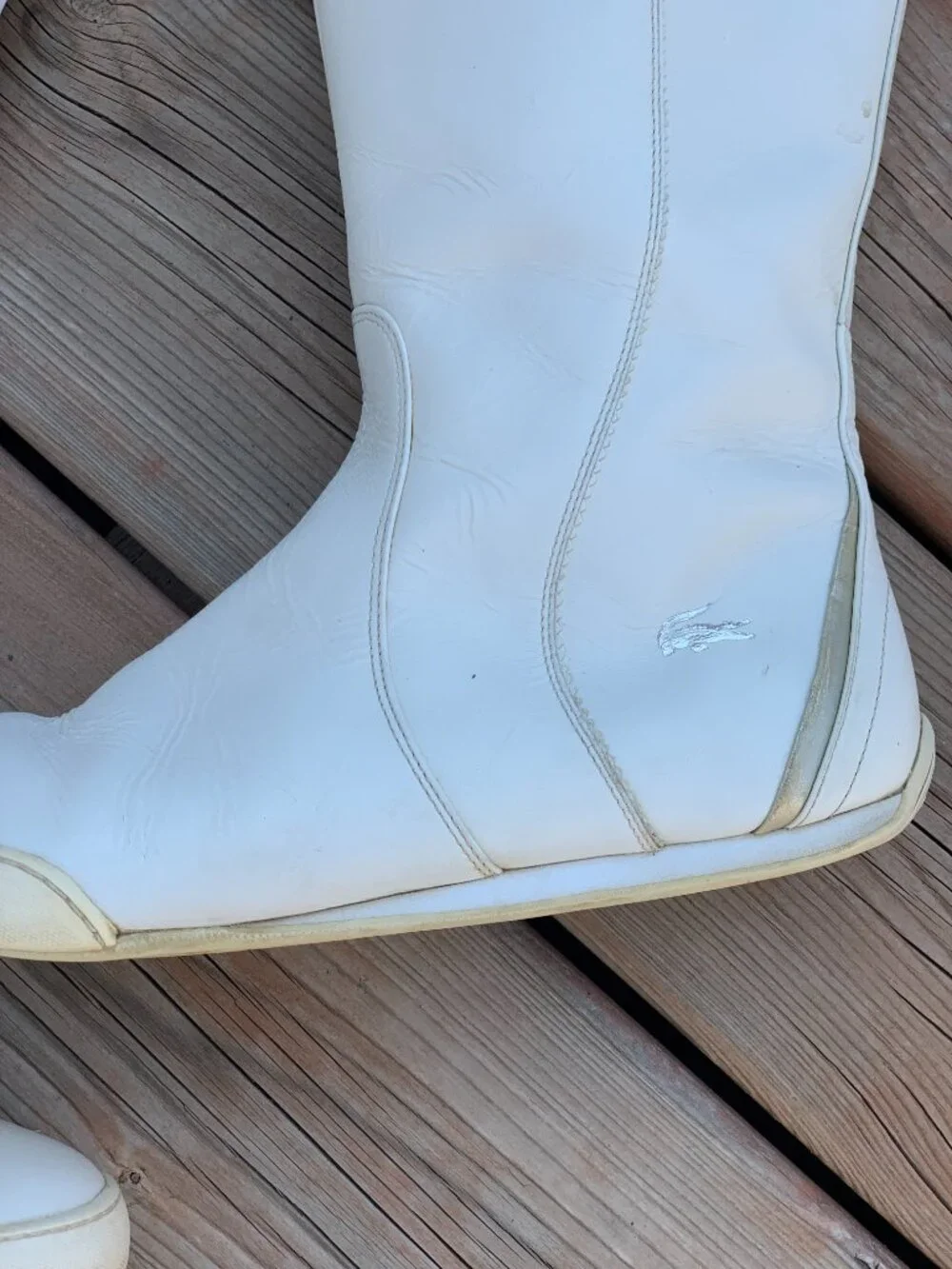 Vintage Lacoste White Leather Boots Womens 9 Side Zip Tall Gogo Retro Knee High